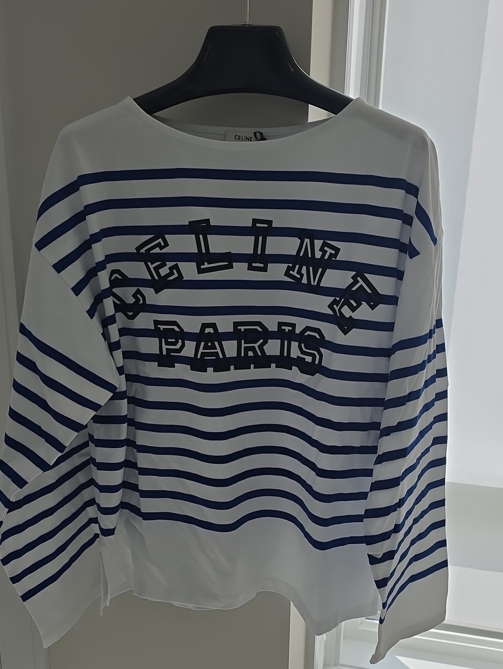 Celine White and Navy Striped 'Celine Paris' Long Sleeve Tee XL BNWT